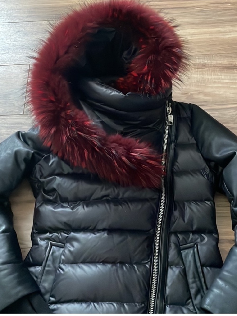 Nicole Benisti Black Down Puffer Coat with Burgundy Fur Trim size M